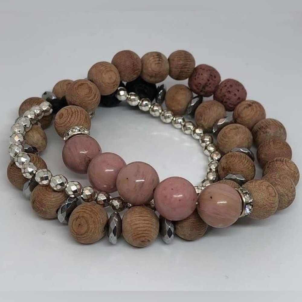 Wood and Pink (Rhodonite & rosewood with lava.. silver hematite)Beaded Bracelets